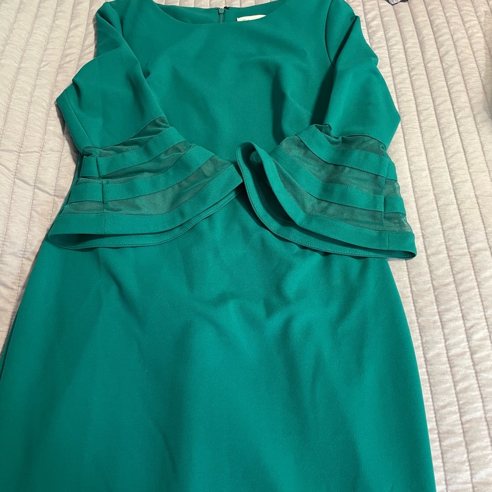 Calvin Klein Green Pleated Sheath Dress with Bell Sleeves